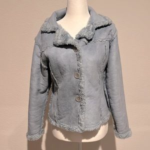 Vintage straight down faux fur lined baby blue button jacket